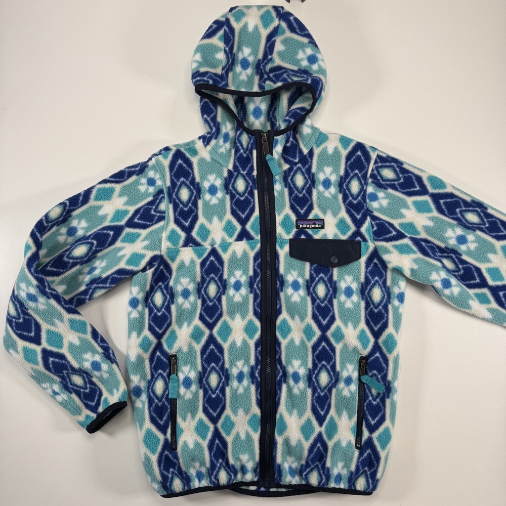 PATAGONIA Lightweight Snap-T Hooded Jacket Womens Small Pine Patch Mogul Blue